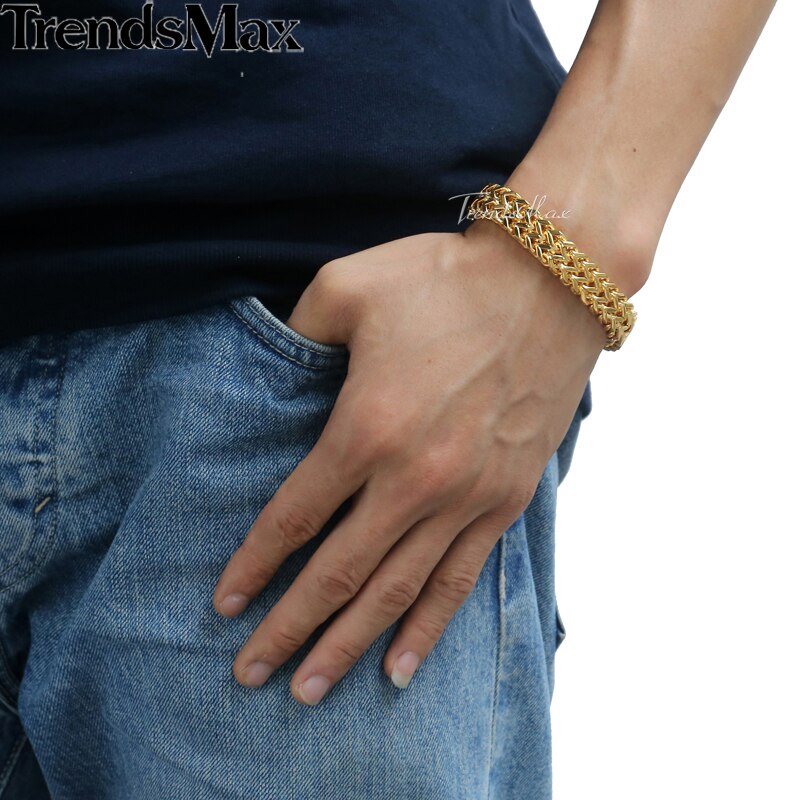 Men's Bracelets Hip Hop Big Gold Color Black Foxtail Link 316L Stainless Steel Bracelet For Male Jewelry Wholesale 12mm KHB246