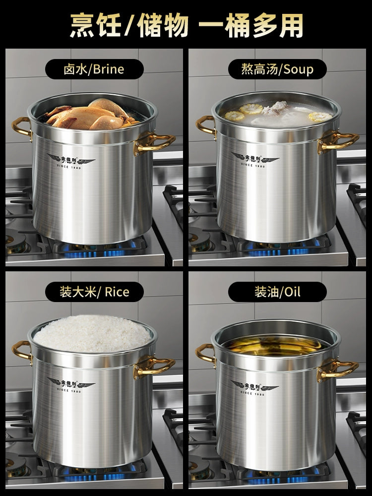 304 Stainless Steel Barrel Soup Bucket Commercial Thickened Induction Cooker Halogen Pot with Lid Making Soup Household round Bucket Rice Bucket Oil Drum