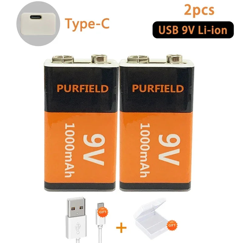 PURFIELD 1000mAh 9 Volt li-ion Rechargeable Battery Type-C USB 6F22 9V Lithium Battery for RC Helicopter Model Microphone Toy