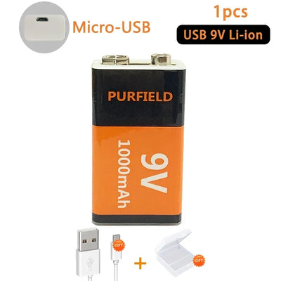 PURFIELD 1000mAh 9 Volt li-ion Rechargeable Battery Type-C USB 6F22 9V Lithium Battery for RC Helicopter Model Microphone Toy