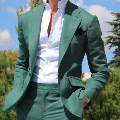 Green Business Slim Fit Mens Suits 2 Piece Jacket Pants Set For Groom