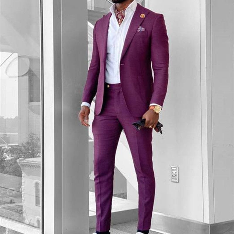 Men Suits Peak Lapel Tuxedos Groom Wedding Suits Set Black Purple